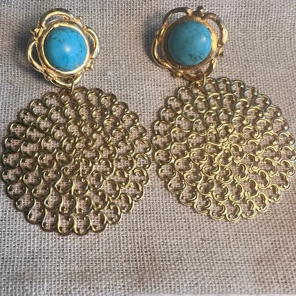 Susan Shaw Elegant Gold and Turquoise Filigree Earrings - Picture 4 of 10